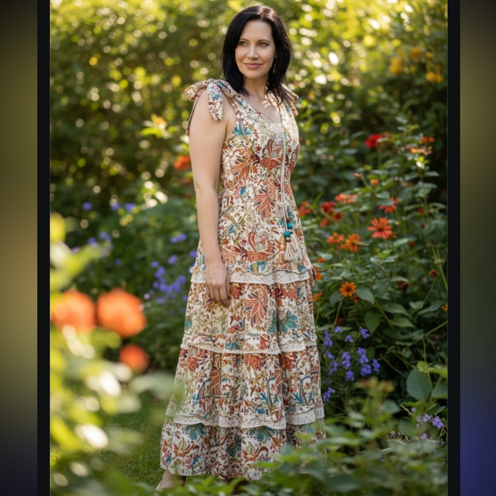 Barok Floral Maxi Dress boho Multicolor tiers Design Lacey with elastic waist XL